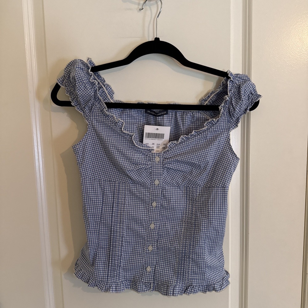 Brandy Melville Blue White Gingham Elara Button Front Ruffle Top One Size NWT